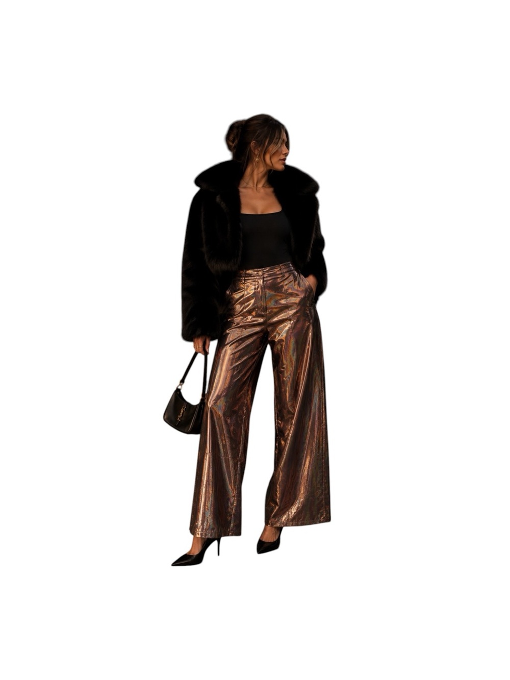 Sincerely Jules Metallic Bronze Lame Wide Leg High Rise Pants NWT M Iridescent